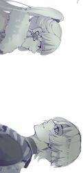 1boy 1girl ayaka_(genshin_impact) blunt_bangs closed_mouth couple from_side fur_trim genshin_impact glaring hair_between_eyes hair_ribbon high_ponytail highres japanese_clothes light_smile long_hair looking_at_another lrw_lrw monochrome ponytail ribbon scaramouche_(genshin_impact) shaded_face short_hair sidelocks simple_background standing upper_body white_background