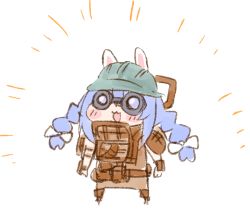 1girl animal_ears armor blue_hair blush_stickers braid chibi fallout fallout_4 female_focus full_body goggles hair_ornament helmet hololive junk long_hair nekoyama open_mouth rabbit_ears rabbit_girl simple_background smile solo standing twin_braids usada_pekora virtual_youtuber white_background