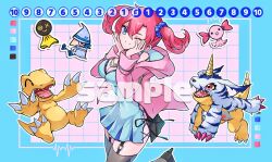 Rule 34 | 1girl, agumon, black panties, black thighhighs, blue border, blue camisole, blue eyes, blue fur, blue scales, border, breasts, camisole, cleavage, digimon, digimon card game, digimon story: cyber sleuth, gabumon, garter straps, group picture, highres, hood, hooded jacket, horns, jacket, lizard, looking at viewer, medium breasts, nagoshi, one eye closed, orange scales, panties, pink background, pink jacket, red hair, sample watermark, shiramine nokia, side-tie panties, simple background, single horn, smile, thighhighs, twintails, underwear, watermark