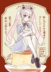 1girl black_bow black_shoes blue_eyes blush bow brown_background character_request commentary_request crossed_legs dress food frilled_hairband frills hairband hand_up harapeko_shoujo_to_tantei_to highres in_food long_hair looking_at_viewer mini_person minigirl pantyhose parted_lips pink_hair pudding puffy_short_sleeves puffy_sleeves purple_bow purple_dress purple_hairband red_background rino_cnc shoes short_sleeves sitting solo translation_request twintails very_long_hair white_pantyhose