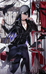 Rule 34 | 1girl, absurdres, azarashi (azrsot), bird, black choker, black hair, black jacket, blue hair, breasts, cage, choker, cleavage, colored inner hair, commission, crossed legs, crow, feathers, grey eyes, highres, jacket, large breasts, long hair, long sleeves, looking at viewer, multicolored hair, original, shirt, sitting, skeb commission, smile, solo, white shirt