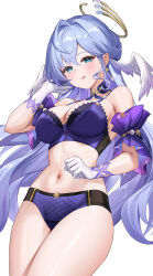 1girl :q absurdres armpit_crease bare_shoulders blue_eyes blue_hair blush bra breasts cleavage closed_mouth collar commentary cowboy_shot duplicate face_jewel gloves halo halo_behind_head hand_up head_wings highres honkai:_star_rail honkai_(series) jewel_under_eye large_breasts long_hair looking_at_viewer lunacle navel paid_reward_available panties pixel-perfect_duplicate purple_bra purple_collar purple_panties purple_sleeves robin_(honkai:_star_rail) short_sleeves simple_background smile solo stomach tongue tongue_out underwear underwear_only very_long_hair white_background white_gloves white_wings wings
