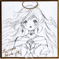 1girl absurdres angel angel_wings arm_warmers bare_shoulders collar collarbone detached_collar dress earrings eyelashes feathered_wings floating_hair frilled_collar frills greyscale head_wings hidari_(nanmu-left) highres interlocked_fingers jewelry light_blush long_hair looking_at_viewer lower_teeth_only monochrome multiple_wings off-shoulder_dress off_shoulder open_mouth original own_hands_clasped own_hands_together praying puffy_short_sleeves puffy_sleeves ribbon-trimmed_dress ribbon_trim short_sleeves signature solo spot_color star_(symbol) star_earrings swept_bangs tareme teeth traditional_media upper_body very_long_hair watermark weibo_watermark white_background wind wings