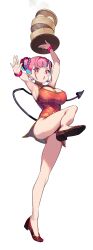 1girl absurdres alternate_costume alternate_hairstyle armpits arms_up bamboo_steamer bangle steamed_bun beads black_tail blue_hair blush bracelet breasts china_dress chinese_clothes commentary demon_girl demon_tail double_bun dress earrings food full_body hair_beads hair_bun hair_ornament high_heels highres holding holding_tray jewelry kanan-sama_wa_akumade_choroi kanan_(kanan-sama) large_breasts legs light_blue_hair looking_at_viewer multicolored_hair nonco pink_eyes pink_hair pointy_ears red_dress red_footwear simple_background sleeveless sleeveless_dress slit_pupils solo standing standing_on_one_leg steam streaked_hair tail thighs tight_clothes tight_dress tray two-tone_hair white_background