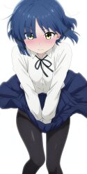 1girl black_bow black_pantyhose blue_hair blue_skirt blush bocchi_the_rock! bow hair_ornament highres long_sleeves mole mole_under_eye pantyhose shirt short_hair side_ponytail skirt thighs user_msjr8547 white_background white_shirt wind wind_lift yamada_ryo yellow_eyes