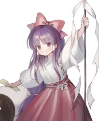 Rule 34 | 1girl, arms up, bow, bowtie, cowboy shot, gohei, hair bow, hair tubes, hakurei reimu, hakurei reimu (pc-98), highly responsive to prayers, highres, holding, holding gohei, japanese clothes, long hair, long sleeves, looking at viewer, miko, open mouth, orb, purple eyes, purple hair, red bow, red bowtie, red skirt, redrawn, sasami (shiroi fuwafuwa), shirt, sidelocks, simple background, skirt, smile, solo, standing, touhou, touhou (pc-98), very long hair, vest, white background, white shirt, white vest, wide sleeves, yin yang, yin yang orb
