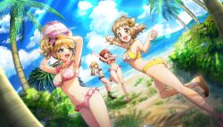 4girls :d arms_up ass ball beach beachball bikini black_bikini blonde_hair blush breasts brown_hair bush butterfly_hair_ornament butterfly_necklace cleavage closed_eyes closed_mouth cloud day dolphin_hair_ornament dolphin_wave fang floral_print_bikini flower frilled_bikini frills game_cg gluteal_fold green_eyes green_scrunchie hair_intakes hair_ornament hair_ribbon hairclip hands_on_own_hips high_heel_sandals highres holding holding_ball izumi_kiri kazami_ellen large_breasts layered_bikini leg_up long_hair looking_at_another medium_breasts mountainous_horizon multicolored_bikini multiple_girls navel non-web_source ocean official_art one_side_up ootomo_takuji open_mouth orange_eyes palm_tree pink_bikini plant pointing pointing_up red_bikini red_eyes red_hair ribbon running sakimiya_iruka sandals scrunchie senki_zesshou_symphogear short_hair shouting side_ponytail small_breasts smile sunlight swimsuit tachibana_hibiki_(symphogear) tree twintails two-tone_bikini wrist_scrunchie yellow_bikini