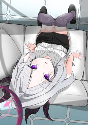 Rule 34 | 1girl, ahoge, black halo, black skirt, black thighhighs, blue archive, blush, breasts, couch, demon girl, demon horns, halo, hapi (ht64hap), highres, hina (blue archive), horns, indoors, long hair, looking at viewer, on couch, purple eyes, shadow, shirt, sitting, skirt, small breasts, solo, thighhighs, thighs, upturned eyes, white hair, white shirt