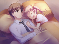 1boy 1girl ahoge artist_request black_necktie blanket blonde_hair brown_eyes brown_hair closed_eyes collared_shirt crying eyelashes game_cg hair_bobbles hair_ornament ibarazaki_emi katawa_shoujo long_hair long_sleeves nakai_hisao necktie non-web_source official_art open_mouth pillow shirt short_hair short_sleeves sleeping sweatdrop teeth under_covers upper_body upper_teeth_only white_shirt