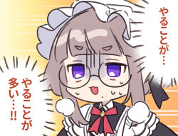1girl :3 brown_hair collared_dress commentary_request dress glasses goshi-san gradient_background maid open_mouth orange_background original purple_eyes round_eyewear solo steam sweat translation_request