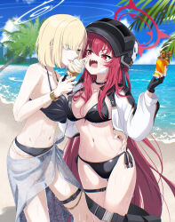 Rule 34 | 2girls, absurdres, arm around waist, bare arms, bare shoulders, bikini, black bikini, black gloves, blonde hair, blue archive, blue eyes, breasts, character request, cleavage, combat helmet, ear piercing, elbow gloves, food, gloves, hair between eyes, hair over one eye, halo, helmet, highres, holding, holding food, holding ice cream, ice cream, jacket, kokolokokomika, large breasts, long hair, multiple girls, navel, official alternate costume, open clothes, open jacket, open mouth, piercing, rabu (blue archive), rabu (swimsuit) (blue archive), red eyes, red hair, red halo, sharp teeth, short hair, stomach, swimsuit, teeth, white halo, white jacket, yuri