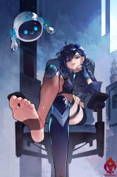 1girl ayase_yuu barefoot black_hair blue_eyes crossed_legs feet highres long_hair looking_at_viewer phase_connect sitting soles stirrup_legwear toeless_legwear toes yeougui