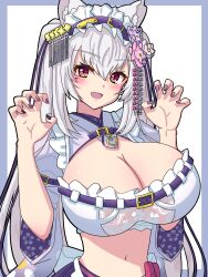 Rule 34 | 1girl, :d, animal ears, arms up, belt buckle, blue background, blush, breasts, buckle, claw pose, cleavage, comb, flower, hair flower, hair ornament, hairband, highres, indie virtual youtuber, japanese clothes, large breasts, long hair, looking at viewer, midriff, miniskirt, miyako miyuri, mole, mole under eye, multicolored eyes, nail polish, open mouth, orihojisan, pink eyes, purple nails, see-through clothes, simple background, skirt, smile, solo, two-tone background, upper body, virtual youtuber, white background, white hair, wolf ears, wolf girl, yellow eyes