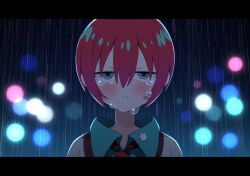 1girl amate_yuzuriha aqua_eyes aqua_shirt black_necktie blush closed_mouth collared_shirt commentary crying crying_with_eyes_open gundam gundam_gquuuuuux hair_between_eyes letterboxed looking_at_viewer necktie pout rain red_hair red_necktie sabi1234 school_uniform shirt solo striped_necktie symbol-only_commentary tears two-tone_necktie