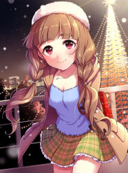 10s 1girl alternate_hairstyle arms_behind_back bad_id bad_pixiv_id blush brown_hair christmas christmas_lights christmas_tree cityscape female_focus gift idolmaster idolmaster_cinderella_girls idolmaster_cinderella_girls_starlight_stage jewelry kamiya_nao leaning_forward red_hair skirt smile snow solo thick_eyebrows twintails winter_clothes zattape