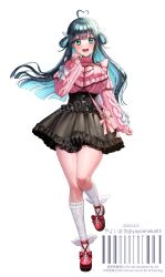 1girl absurdres ahoge amano_nene_(vtuber) amano_nene_(vtuber)_(jirai_kei) aqua_eyes arm_at_side artist_name bag black_skirt blue_hair blush bow breasts cleavage cleavage_cutout clenched_hand clothing_cutout commentary_request dark_blue_hair floating_hair foot_up footwear_bow frilled_shirt frilled_skirt frills full_body hair_ornament hair_rings hand_up heart heart_ahoge heart_cutout heart_o-ring high-waist_skirt highres indie_virtual_youtuber jirai_kei kneehighs lace-trimmed_socks lace_trim large_breasts long_hair long_sleeves looking_at_viewer mole mole_under_eye o-ring o-ring_thigh_strap official_alternate_costume official_art open_mouth pink_shirt red_bow red_footwear sample_watermark shirt shoulder_bag shoulder_cutout simple_background skirt socks solo standing standing_on_one_leg thigh_strap thighs twitter_username virtual_youtuber watermark white_background white_socks wing_hair_ornament yayoi_maka