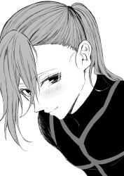 1boy alternate_hairstyle blue_lock blue_lock_bodysuit blush chigiri_hyoma commentary_request from_side greyscale hair_pulled_back highres light_smile long_hair looking_at_viewer male_focus mirenyan_x monochrome simple_background solo upper_body white_background