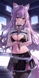 1girl absurdres animal_ear_fluff animal_ears beaker beaker_holster belt between_breasts black_bra black_choker black_pantyhose black_skirt bra breasts chemicals choker closed_mouth clothes_lift cowboy_shot frown hair_ornament hairclip hakui_koyori hakui_koyori_(1st_costume) heart highres hololive iv_(iv70311741) long_hair looking_at_viewer medium_breasts midriff miniskirt monitor navel necktie necktie_between_breasts pantyhose pink_hair pink_necktie pleated_skirt purple_eyes shirt shirt_lift skirt sleeveless sleeveless_shirt solo stomach tail underwear virtual_youtuber wing_collar wolf_ears wolf_tail