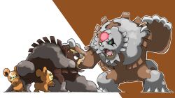 Rule 34 | :o, animal focus, bear, blacknirrow, bloodmoon ursaluna, claws, commentary, english commentary, gen 2 pokemon, glowing, glowing eye, green eyes, highres, nintendo, no humans, open mouth, outline, pokemon, pokemon (creature), pokemon focus, sharp teeth, simple background, standing, teddiursa, teeth, two-tone background, ursaluna, v-shaped eyes, white outline