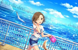 1girl bird brown_eyes brown_hair cityscape cloud earrings forehead game_cg holding idolmaster idolmaster_cinderella_girls idolmaster_cinderella_girls_starlight_stage jewelry leash mizuki_seira official_art one_eye_closed open_mouth railing ship shirt short_shorts shorts sparkle striped_clothes striped_shirt tail water watercraft wooden_floor