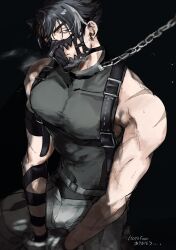 1boy animal_ears black_background black_hair blue_eyes bulge chain chain_leash chest_strap compression_shirt cuffs dog_ears earrings genshin_impact hair_between_eyes handcuffs highres jewelry large_pectorals leash looking_at_viewer male_focus multicolored_hair muscular muscular_male muzzle_(mask) pectorals scar scar_on_arm scar_on_shoulder short_hair simple_background solo streaked_hair telbo_z wriothesley_(genshin_impact)