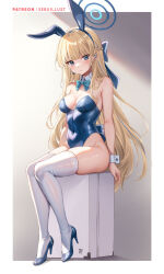 1girl animal_ears artist_name bare_shoulders blonde_hair blue_archive blue_eyes blue_halo blue_leotard bow bowtie breasts detached_collar fake_animal_ears halo high_heels highleg highleg_leotard leotard long_hair looking_at_viewer medium_breasts official_alternate_costume patreon_username playboy_bunny rabbit_ears sebu_illust sitting solo strapless strapless_leotard thighhighs toki_(blue_archive) toki_(bunny)_(blue_archive) very_long_hair white_thighhighs wrist_cuffs