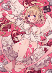 1girl amagi_hana angel angel_wings bare_shoulders beads blonde_hair bow bow-shaped_hair bow_(weapon) bowtie box braid breasts chest_jewel chocolate cleavage colored_tips crown_braid detached_sleeves dress eyelashes fang feathered_wings food frilled_sleeves frilled_wrist_cuffs frills full_body gem hair_beads hair_ornament hairclip halo happy heart-shaped_arrow heart-shaped_box heart-shaped_gem highres holding holding_box holding_food jewelry leg_ribbon light_blush multicolored_hair nail_polish open_mouth original pink_background pink_gemstone pink_hair pink_nails pink_ribbon puffy_short_sleeves puffy_sleeves purple_eyes ribbon ring short_sleeves smile solo strapless strapless_dress tareme toenail_polish toenails traditional_halo valentine watermark weapon white_bow white_bowtie white_dress white_sleeves white_wings white_wrist_cuffs wings wrist_bow wrist_cuffs yellow_halo