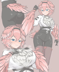 1girl absurdres ass bird_tail black_hairband blue_eyes blush breasts commentary_request feathered_wings gloves hair_between_eyes hairband head_wings high-waist_shorts highres hololive large_breasts looking_at_viewer multiple_views neck_feathers pantyhose pantyhose_under_shorts pink_hair pink_wings shirt short_hair shorts smile tail takane_lui virtual_youtuber white_shirt winged_arms wings yomocha_skebmu_ji_zhong