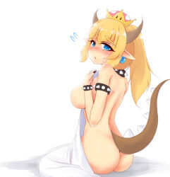 1girl armlet ass ayatori_(aytr) bed bed_sheet black_collar black_nails blonde_hair blue_eyes blush bowsette bracelet breasts breath collar completely_nude convenient_censoring covering_breasts covering_privates crown dragon_girl dragon_horns dragon_tail earrings embarrassed feet_out_of_frame female_focus fingernails from_behind hands_on_own_chest horns jewelry large_breasts long_fingernails long_hair looking_at_viewer looking_back mario_(series) nail_polish nintendo nude on_bed parted_lips pointy_ears ponytail sheet_grab simple_background sitting solo spiked_armlet spiked_bracelet spiked_collar spikes surprised tail white_background