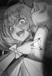 1girl :d absurdres armpits blush commentary english_commentary greyscale highres hololive hololive_indonesia kay_yu kureiji_ollie kureiji_ollie_(1st_costume) looking_at_viewer monochrome open_mouth patchwork_skin puffy_short_sleeves puffy_sleeves short_sleeves sketch smile solo spread_armpit stitched_arm stitched_face stitches sweat teeth upper_teeth_only virtual_youtuber wrist_bow zombie