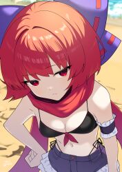 1girl bare_shoulders beach bikini bob_cut bow breasts commentary_request hair_bow highres looking_at_viewer midriff navel punidayo purple_bow raised_eyebrow red_eyes red_hair red_scarf sand scarf sekibanki sekibanki_(dullahan_on_the_beach) short_hair shorts small_breasts solo swimsuit touhou touhou_lostword