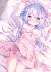 1girl alternate_costume artist_name blue_eyes blue_hair blush chinomaron cowboy_shot dress frilled_sleeves frills gochuumon_wa_usagi_desu_ka? hair_between_eyes hair_ornament heart heart-shaped_pupils highres kafuu_chino light_blue_hair long_hair long_sleeves looking_at_viewer open_mouth panties pink_dress signature solo striped_clothes striped_panties symbol-shaped_pupils twitter_username underwear x_hair_ornament