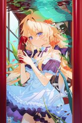 1girl absurdres antique_phone blonde_hair blue_bow blue_dress blue_eyes blue_flower blue_ribbon blue_rose bow commission dress fish flower highres holding holding_phone long_hair looking_at_viewer original phone phone_booth plant ribbon rose seaweed signature timy underwater white_dress white_ribbon