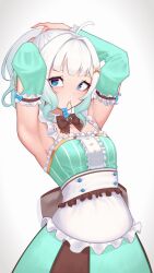 1girl absurdres ahoge apron armpits arms_up black_bow black_bowtie blue_eyes bow bowtie breasts center_frills closed_mouth commentary detached_collar detached_sleeves dress english_commentary frilled_apron frilled_dress frilled_sleeves frills gradient_hair green_dress green_hair hair_intakes hair_ornament hair_tie hair_tie_in_mouth highres indie_virtual_youtuber long_hair long_sleeves looking_at_viewer maid making-of_available mint_fantome mint_fantome_(minto_2.0) mouth_hold multicolored_hair ponytail red_pupils simple_background sioell small_breasts solo tying_hair virtual_youtuber waist_apron white_apron white_background white_hair x_hair_ornament
