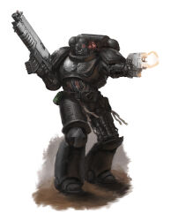 1boy absurdres adeptus_astartes armor armored_boots bolter boots byrno83 dual_wielding explosive firing full_armor glowing glowing_eyes grenade gun handgun helmet highres holding holding_gun holding_weapon iron_hands_(warhammer) mechanical_arms mechanical_legs pauldrons power_armor primaris_space_marine red_eyes shoulder_armor simple_background single_mechanical_arm single_mechanical_leg skull_ornament solo space_marine standing warhammer_40k wax_seal weapon white_background