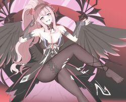 1girl bare_shoulders black_dress black_gloves black_pantyhose black_survival black_wings blue_eyes breasts charlotte_(black_survival) charlotte_(crimson_curse)_(black_survival) cleavage collarbone commentary_request detached_collar dress earrings elbow_gloves eternal_return:_black_survival feet_out_of_frame fingerless_gloves flower gloves hair_flower hair_ornament hand_on_own_head hand_up high_ponytail jewelry legs light_blush long_hair looking_at_viewer medium_breasts official_alternate_costume open_mouth pantyhose pink_hair ponytail red_background sidelocks simple_background sitting smile solo user_mwxd2354 wings