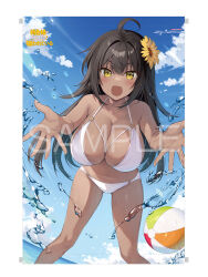 1girl ball beachball bikini black_hair breasts cleavage dark-skinned_female dark_skin day dot_nose dutch_angle female_focus flower hair_flower hair_ornament highres incoming_hug japanese_text kasshoku_musume_no_latina-san_ni_ore_no_karada_ga_nerawarete_iru large_breasts latina_olavomiwa long_hair looking_at_viewer navel ocean open_mouth oryo_(oryo04) outdoors shiny_skin sky solo standing sunflower swimsuit water white_bikini yellow_eyes yellow_flower