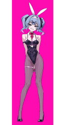 1girl animal_ears arm_behind_back black_shoes detached_collar facepaint full_body hair_ornament hatsune_miku highres leotard mx2j playboy_bunny pure_pure_(rabbit_hole) rabbit_ears rabbit_hole_(vocaloid) red_tie shoes simple_background smile twintails vocaloid