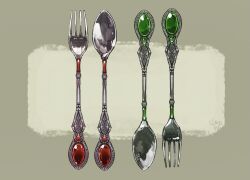 commentary_request fork gem green_background green_gemstone highres no_humans object_focus original red_gemstone signature simple_background spoon still_life yamabuki_(haruirokerria)
