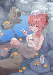 1girl bare_shoulders bathing blush bottle breasts capybara cleavage commentary_request crossed_bangs folded_ponytail food fruit highres large_breasts mandarin_orange michinoku_komaro milk_bottle one_eye_closed onsen open_mouth partially_submerged pink_hair rikuhito_juusan rock seitokai_ni_mo_ana_wa_aru! sitting solo towel towel_on_head v