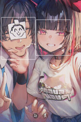 1boy 1girl animal_ears betabeet black_choker black_hair black_necktie blue_archive blush breasts cat_ears cat_girl choker closed_eyes collared_shirt colored_inner_hair commentary doodle_sensei_(blue_archive) dress_shirt grin hand_on_another&#039;s_chin hands_up hetero highres kazusa_(band)_(blue_archive) kazusa_(blue_archive) lanyard looking_at_viewer mask medium_breasts medium_hair mouth_mask multicolored_hair necktie open_mouth pink_eyes pink_hair selfie sensei_(blue_archive) shirt short_sleeves smile t-shirt white_shirt wristband