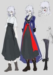 1girl ascot boots expressionless fangs formal_clothes genderswap genderswap_(mtf) gloves long_hair machete red_eyes reference_sheet rong301718 rough_sketch sketch skirt vampire vlov_arkhangel weapon white_background white_gloves white_hair