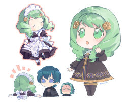 1girl 2boys alternate_costume byleth_(fire_emblem) drill_hair facial_hair fire_emblem fire_emblem:_three_houses flayn_(fire_emblem) garreg_mach_monastery_uniform green_eyes green_facial_hair green_hair long_hair maid multiple_boys nintendo seteth_(fire_emblem) twin_drills urooom