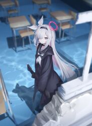 1girl black_choker black_coat black_eyes black_hairband black_sailor_collar black_serafuku blue_archive bow braid chair choker classroom closed_mouth coat colored_inner_hair desk grey_eyes grey_hair gun hair_over_one_eye hairband halo highres holding holding_gun holding_umbrella holding_weapon indoors long_hair long_sleeves looking_at_viewer multicolored_hair neckerchief open_clothes open_coat pink_hair plana_(blue_archive) red_halo red_pupils ribbon sailor_collar satoh_vrc school_chair school_desk school_uniform serafuku shadow single_braid skirt solo two-tone_hair umbrella very_long_hair water weapon white_bow white_hair white_neckerchief white_ribbon