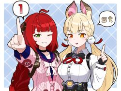 Rule 34 | 2girls, ahoge, alice thymefield, benis zzz, black choker, black gloves, black sailor collar, blonde hair, cardigan, chest bow, choker, collared shirt, fingerless gloves, gloves, green eyes, hair ornament, heterochromia, highres, index finger raised, long hair, multiple girls, one eye closed, pink cardigan, pom pom (clothes), pom pom hair ornament, sailor collar, shirt, single fingerless glove, speech bubble, twintails, ukinami yuzuha, upper body, white shirt, zenless zone zero