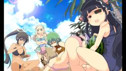 5girls absurdres ass barefoot beach bikini bikini_skirt black_bikini black_hair blonde_hair blue_eyes blue_one-piece_swimsuit blue_sky blunt_bangs bow breasts brown_hair chopsticks cleavage_cutout clothing_cutout cloud covered_erect_nipples curly_hair day eating eyepatch feet food fruit green_bikini green_eyes green_hair hair_bow hanging_breasts haruka_(senran_kagura) heart highres hikage_(senran_kagura) homura_(senran_kagura) indian_style knife large_bow large_breasts lens_flare looking_at_viewer looking_back lotion medium_breasts mirai_(senran_kagura) multiple_girls non-web_source official_art one-piece_swimsuit open_mouth outdoors pillarboxed pink_bikini pink_bow pinky_out ponytail purple_hair red_eyes senran_kagura senran_kagura_shoujo-tachi_no_shin&#039;ei short_hair sitting sky slit_pupils small_breasts sunscreen swimsuit top-down_bottom-up underboob watermelon yaegashi_nan yakisoba yellow_eyes yomi_(senran_kagura)