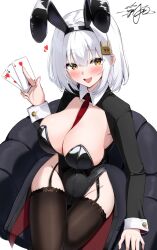 1girl :d animal_ears between_breasts black_leotard blush breasts brown_thighhighs card cleavage fake_animal_ears hair_ornament highres holding holding_card large_breasts leotard long_sleeves looking_at_viewer necktie necktie_between_breasts open_mouth original playboy_bunny rabbit_ears rabbit_hair_ornament red_necktie shionootsu short_hair signature simple_background smile solo thighhighs white_background white_hair yellow_eyes
