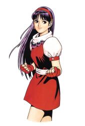 1girl asamiya_athena belt blue_eyes dress earrings gloves hairband highres jewelry long_hair mori_toshiaki purple_hair shirt skirt smile standing star_(symbol) the_king_of_fighters