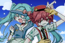 2girls alternate_costume aqua_hair arm_up artist_name badge black_necktie blue_dress bow button_badge buttons closed_eyes day dress drill_hair gloves hand_up hashtag-only_commentary hat hatsune_miku kasane_teto long_hair looking_at_viewer mesmerizer_(vocaloid) multiple_girls necktie open_mouth outdoors red_eyes red_hair red_hat shirt short_sleeves signature smile sn_(sn_utu00) striped_bow striped_clothes striped_dress striped_shirt suspenders twin_drills twintails twitter_username upper_body utau visor_cap vocaloid yellow_gloves