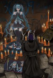 1girl 1other altar black_robe black_skirt black_sleeves black_thighhighs blue_hair candle detached_sleeves figure grey_shirt hair_between_eyes hat hatsune_miku highres kkghost_tv long_hair original own_hands_clasped own_hands_together pentagram purple_hat ritual robe shirt sidelocks skeleton skirt spring_onion thighhighs twintails vocaloid wizard zettai_ryouiki